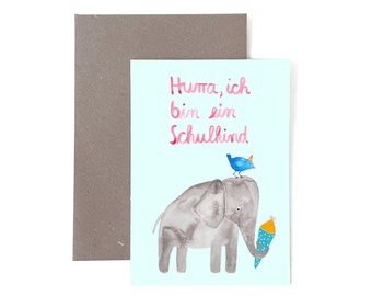 Carte de voeux pour la rentrée scolaire avec un éléphant ; Cartable rentrée scolaire cadeau enfant garçon fille carte carte postale enveloppe
