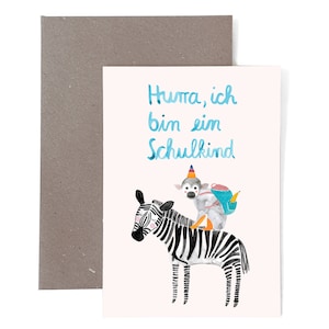Karte mit Umschlag zur Einschulung mit Zebra & Affe; Schultüte erster Schultag Schulkind Geschenk Junge Mädchen Karte Postkarte Umschlag