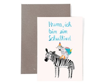 Grußkarte zur Einschulung mit Zebra & Affe; Schultüte erster Schultag Schulkind Geschenk Junge Mädchen Karte Postkarte Umschlag