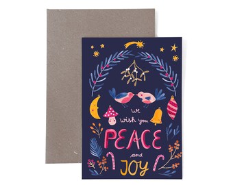 Greeting Card *Peace and Joy* ; christmas card water colour  illustration postcard
