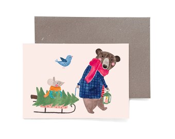 Carte de Noël *Ours et souris* Carte de Noël carte postale carte de vœux enveloppe d'hiver aquarelle
