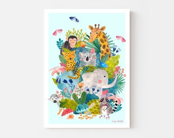 Affiche de la chambre d’enfant *Jungle*; Affiche pour enfants avec paresseux, Léopard, Tukan, Tatoué & Crocodile