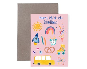 Grußkarte zur Einschulung mit schönen Dingen in rosa; Schultüte erster Schultag Schulkind Geschenk Junge Mädchen Karte Postkarte Umschlag