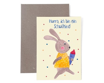 Grußkarte zur Einschulung mit Hase; Schultüte erster Schultag Schulkind Geschenk Junge Mädchen Karte Postkarte Umschlag