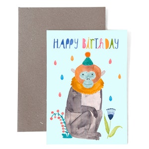 Karte mit Umschlag *Happy happy Birthday* (Affe) Geburtstagskarte Geburtstag Karte Postkarte Glückwunschkarte Herzlichen  Glückwunsch