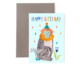 Grußkarte *Happy happy Birthday* (Affe) Geburtstagskarte Geburtstag Karte Postkarte Glückwunschkarte Herzlichen  Glückwunsch