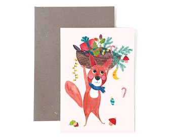 Greeting Card *Weihnachtshörnchen* ; christmas card water colour  illustration postcard