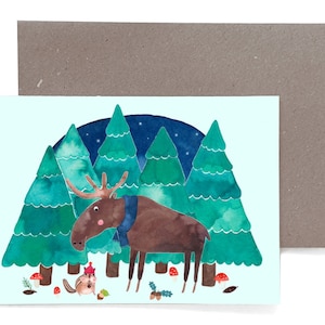 Weihnachtskarte (Karte mit Umschlag) *Elch* Weihnachten Karte Postkarte Grußkarte Tannenbaum Winter Umschlag Streifenhörnchen Aquarell