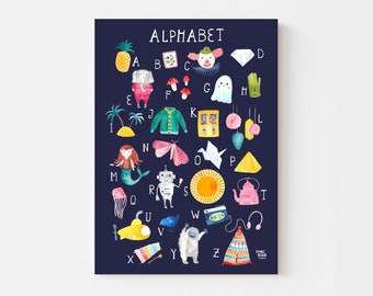 ABC Poster der schönen Dinge (dunkel) fürs Kinderzimmer; Tieralphabet; Junge Mädchen Print Druck Deko Wand Kinder Kind Buchstaben