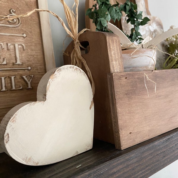 Chunky neutral, Wood, Heart, valentines decor, tiered tray, mantle, display, off white, with distressed edges.