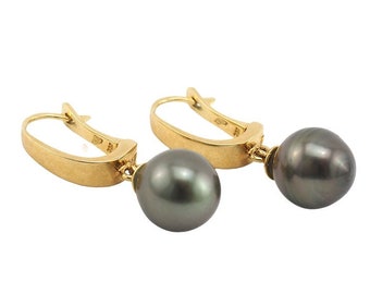 Tahitian Pearl Earrings, Gold Pearl Earrings, 18K Gold Earrings, Pearl Drop Earrings, Yellow Gold Earrings, English Lock Earrings