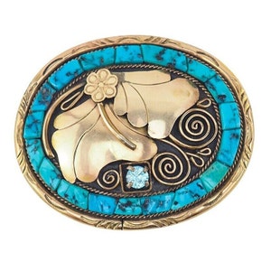 Fibbia nativa, Fibbia turchese, Pete Sierra, Fritzen Toledo, Intarsio di ciottoli, Argento Sterling, Gioielli nativi, Oro su argento, Vermeil