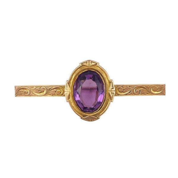 Victorian Bar Brooch, B.A Ballou, Gold Filled, Collar Brooch, Gold Bar Pin, Amethyst Glass Stone, Sleek Brooch, Antique Bar Brooch