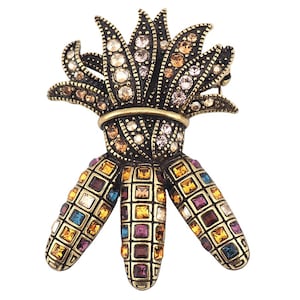 Heidi Daus-broche, maïsbroche, strass-broche, broche met juwelen, Heidi Daus-pin, vetgedrukte kostuumpin, kristallen maïspin, herfstsieraden