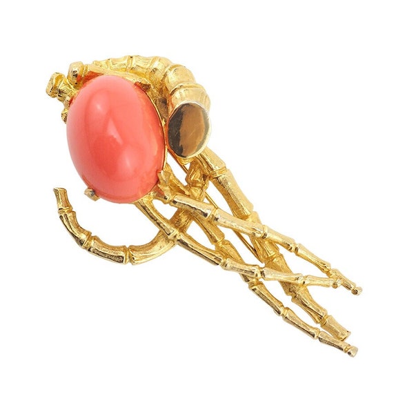 Pauline Rader Brooch, Vintage Brooch, Coral Cabochon Brooch, Designer Brooch, Sea Theme Brooch, Abstract Brooch, Coral Bamboo, Unique Brooch