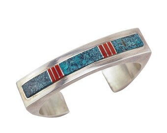 Silver Cuff Bracelet, Inlay Bracelet, Smaller Size, Turquoise Inlay, Native Cuff, Turquoise Coral Bracelet, Sterling Inlay, Womans Bracelet