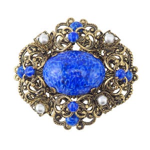 Vintage Filigree Brooch, Czech Brooch, Art Glass Brooch, Faux Lapis Lazuli, Vintage Brooch, Glass Pearl Brooch, Czech Filigree Brooch, Blue