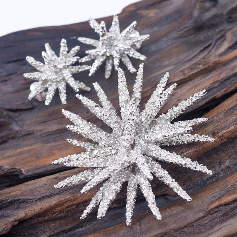 May include: A set of three silver starburst earrings with a textured finish. The earrings are displayed on a piece of wood.
