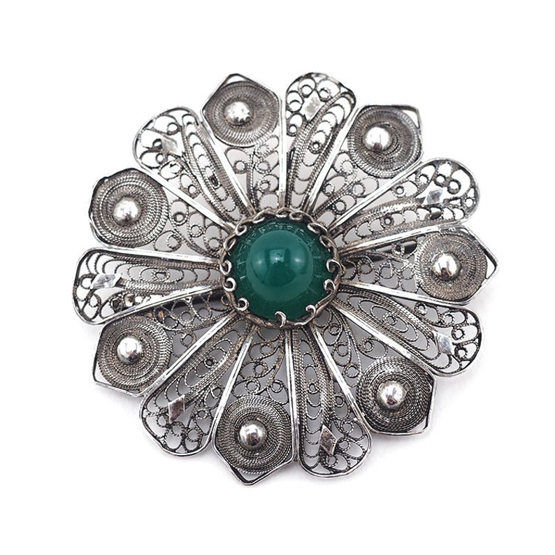 Vintage Filigree Brooch Vintage Flower Brooch Silver Filigree Jewelry Sterling Filigree Brooch Chrysoprase Jewelry Unique Gift For Her