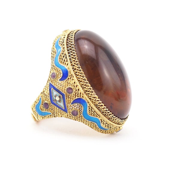 Chinese Export Ring, Filigree Ring, Amber Ring, En