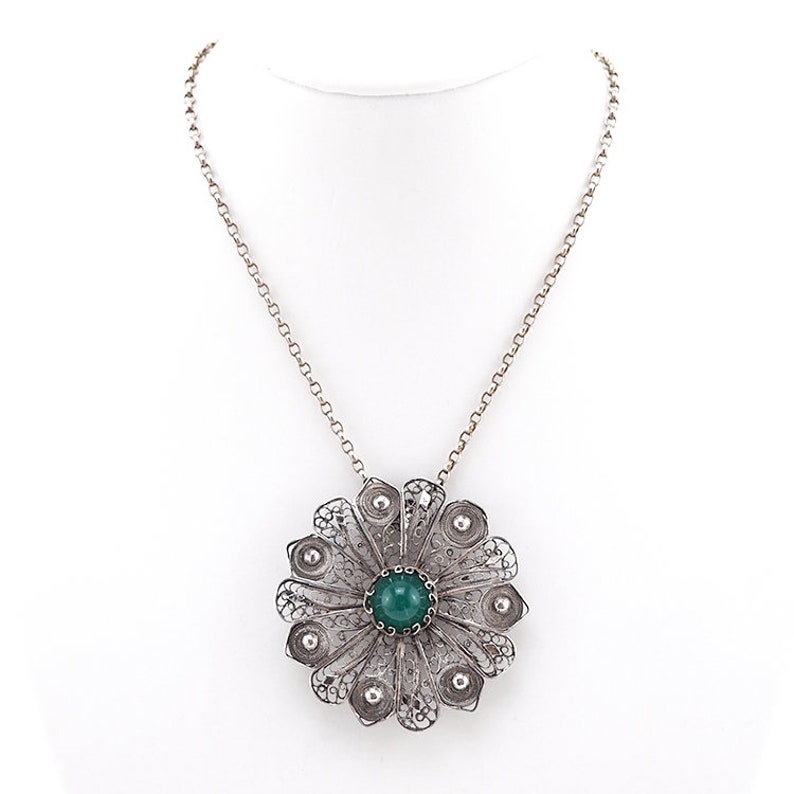 Vintage Filigree Brooch Vintage Flower Brooch Silver Filigree Jewelry Sterling Filigree Brooch Chrysoprase Jewelry Unique Gift For Her