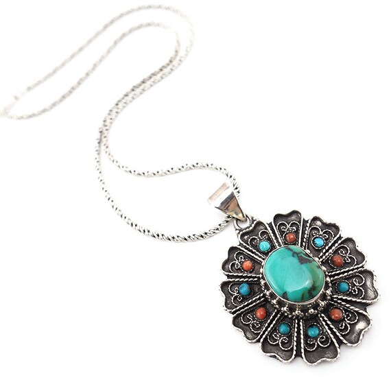 Turquoise necklace, Turquoise Pendant, Sterling Tu
