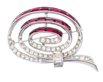 Boucher Brooch, Vintage Brooch, Rhinestone Brooch, Baguette Brooch, Boucher Red Brooch, Vintage Rhinestone Brooch, Swirl Brooch, 1960s Pin