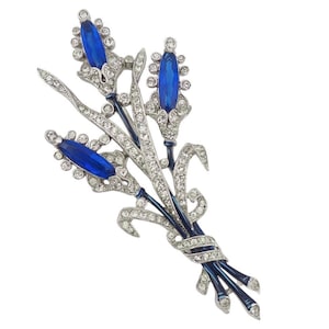 Trifari Brooch, 1940s Brooch, Blue Trifari Brooch, Trifari Lozenges Flower Brooch, Vintage Brooch, Rhinestone Brooch, Alfred Philippe Brooch