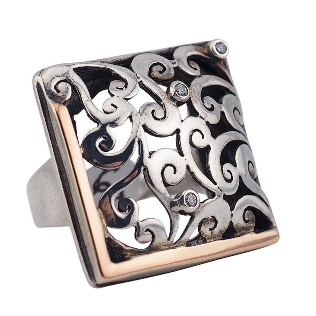 Silver and Gold Openwork Cubic Ring, Square Ring, Silver Ring, Size 8 ...