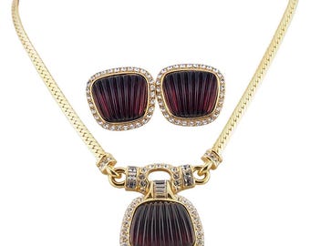 Oscar De La Renta, Necklace Earring Set, Vintage Necklace Set, Ribbed Glass, Designer Jewelry, ODLR, Gold Tone Jewelry, Luxury Jewelry