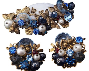 Vintage Glass Beaded Brooch Set, Glass Disk Brooch, Layered Brass Filigree Brooch, Mid Century Statement Set, Wired Bead Brooch, Blue Brooch