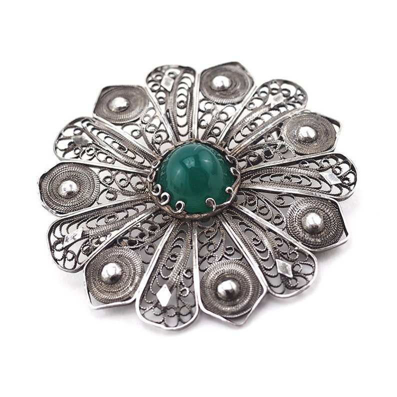 Vintage Filigree Brooch Vintage Flower Brooch Silver Filigree Jewelry Sterling Filigree Brooch Chrysoprase Jewelry Unique Gift For Her