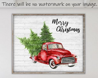 Red Truck Christmas Tree Vintage Print: Holiday Wall Decor (Digital Download)