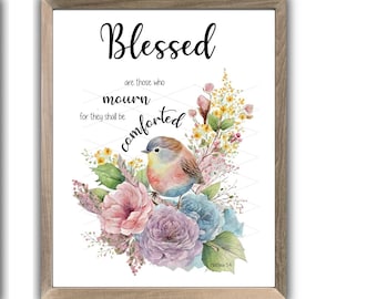 Birds Flowers Christian Set of Two Bible Verse Printable Wall Art Scripture Blessed  mourn pure in heart gift grandma mom dad aunt #1300