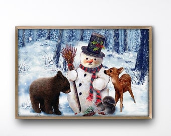 Snowman Deer Bear Snow Christmas Cub Woodland Print Printable Wall Art Animals Adorable #1029