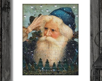 Santa Printable Art Wall Decor Blue Vintage Old World Christmas Antique Victorian Home Decor #1150