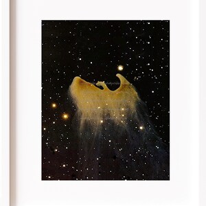 May include: Framed art print featuring a celestial nebula in shades of gold and white against a black starry background. The artwork is presented in a white frame, creating a striking contrast. The text at the top says "There will be no watermark on your image."