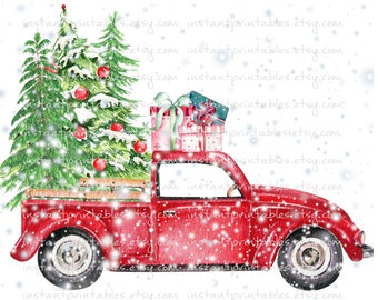 Red Truck PNG Christmas for Sublimation Transparent Iron on Snow No Background Vintage Trees HTV Presents Side View Commercial #1113