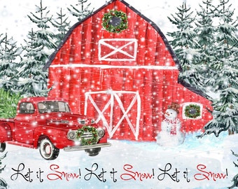 Red Barn Print Truck Printable Art Christmas Wall Decor Snow Home Decor Picture Watercolor Commercial Use Vintage Old Antique Retro #1031