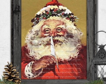Vintage Santa Painting Art Print, Christmas Wall Decor (Digital Download)
