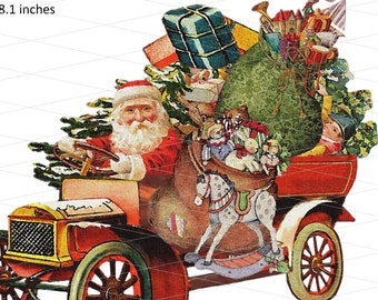 Santa PNG Christmas in Old Car Sublimation Commercial Toys Clipart No Background Transparent HTV Waterslide Bag of Toys Transfer #1045