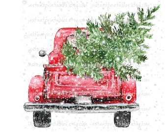 Red Truck PNG JPG Christmas Back End Sublimation Snow Old Antique Vintage No Background T Shirt Htv Transparent Watercolor #1169