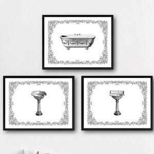 Vintage Bathtub & Sink Art Print Set, Gray Bathroom Decor (Digital Download)