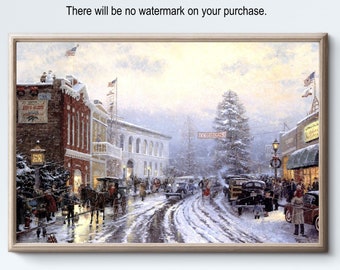 Christmas Wall Art Downtown Vintage Old Printable Snow City Snowing Picture Snowscape Landscape Horse Buggy Cars Oil Painting #1011