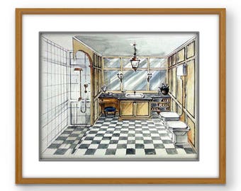 Vintage Bathroom Art Print, Watercolor Style (Digital Download)