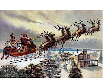 Santa Reindeer Sleigh Printable Wall Art Print Vintage Christmas Wall Decor Picture Antique Across Sky Victorian Old Four Reindeer #1030