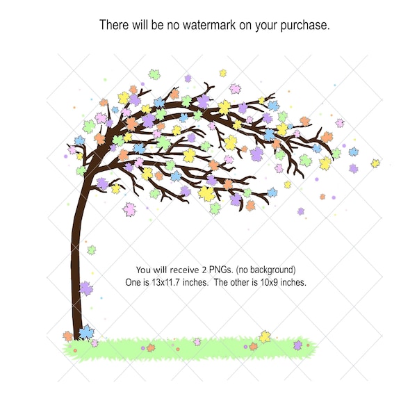 Spring PNG Tree Pastel Colors Easter Falling Leaves Bent Wind Blown No Background Grass Waterslide HTV Transfer Transparent Commercial #1019