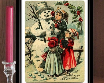 Vintage Snowman Christmas Print, Victorian Children Wall Art (Digital Download)