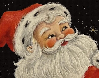 Vintage Santa Cat Christmas Art Print, Retro Kitten Painting (Digital Download)