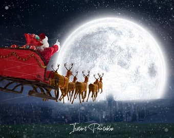 Santa Reindeer Sleigh Printable Wall Art Decor 8x20 inch Vintage Christmas Moon Reindeer in Flight Night Old Picture #1038